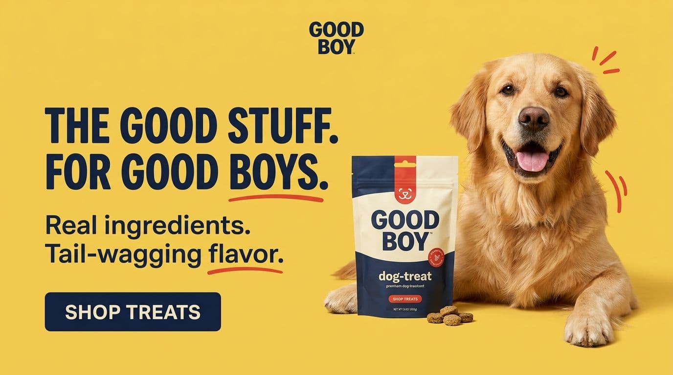 Good Boy original landscape ad with dog treats, a golden retriever and a Shop Treats button